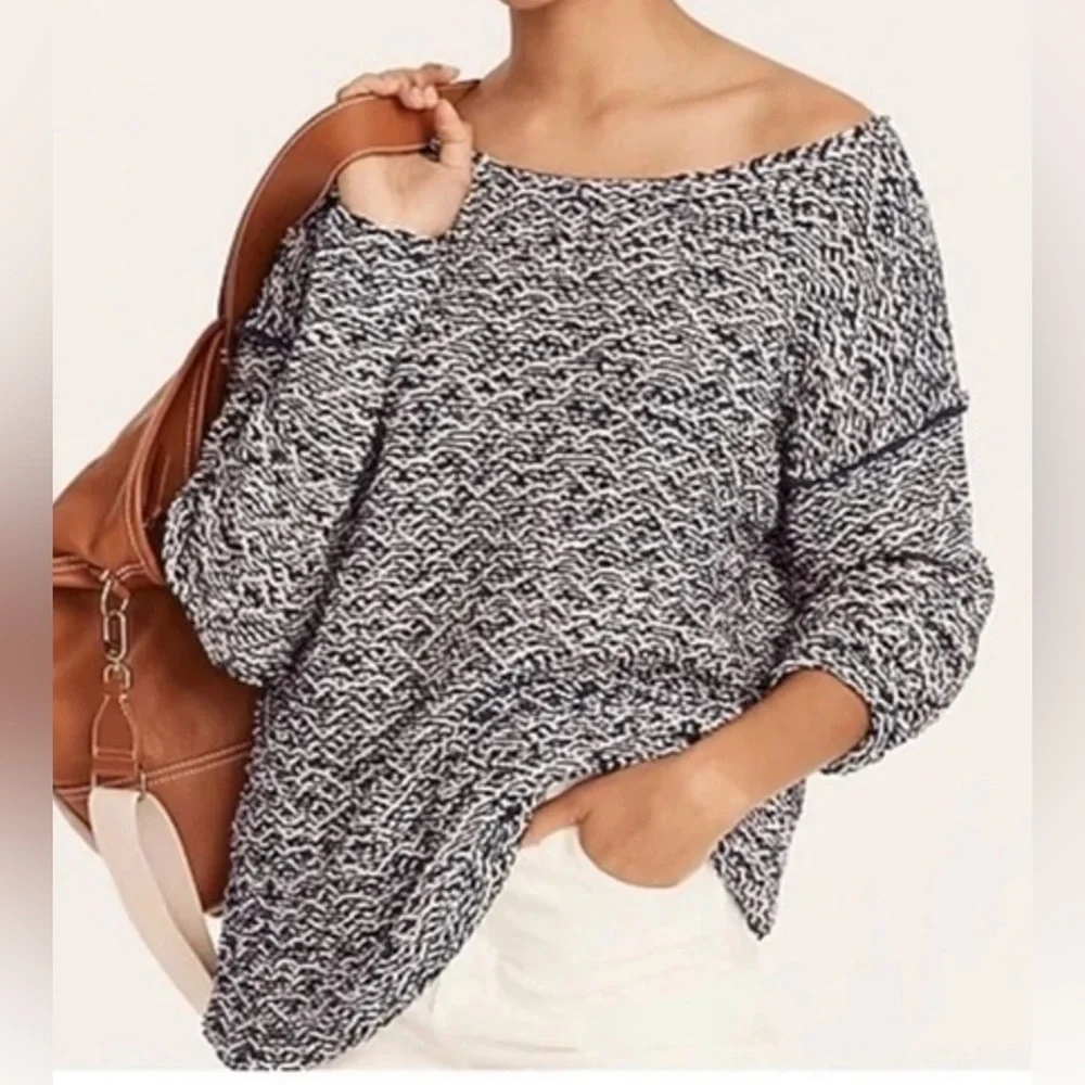 J. Crew Relaxed Wide Neck Knit Sweater Navy and White Size Small